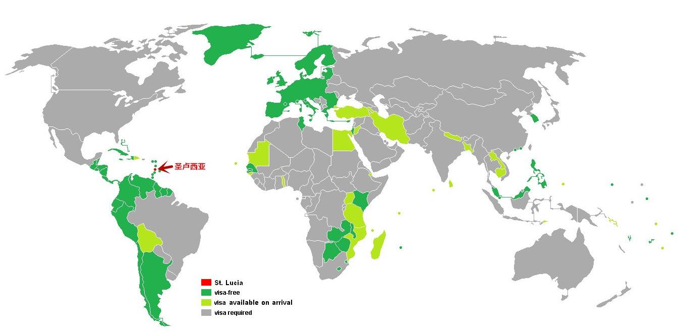 圣卢西亚护照免签国家地图